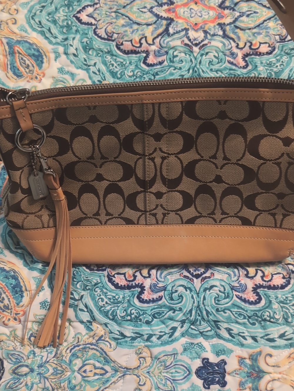 Coach Brown Signature Canvas Shoulder Bag with Tan Leather Trim